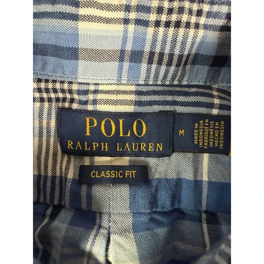 Polo Ralph Lauren Shirt Mens Medium Blue Plaid Oxford Flesh Pony Button Up